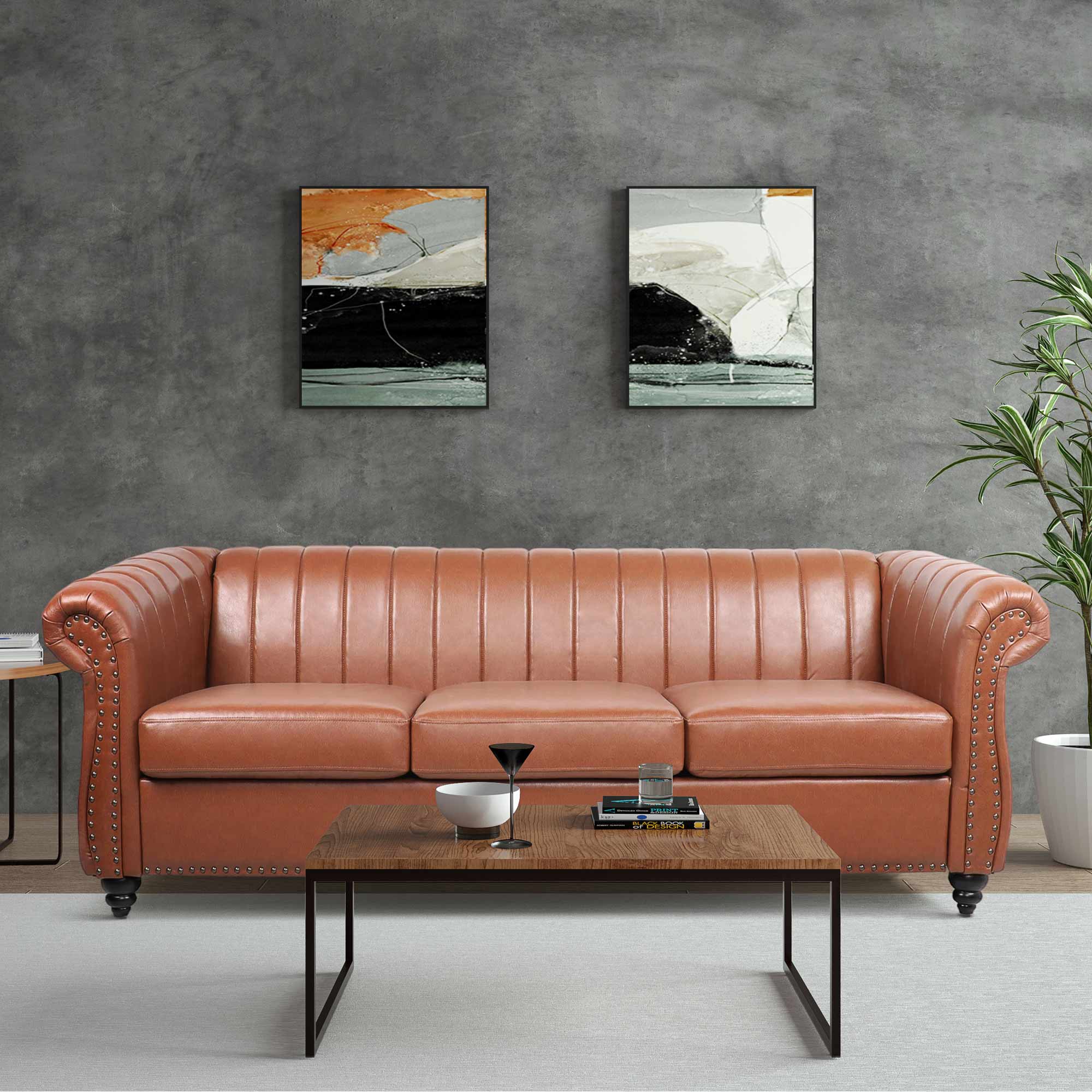 84'' Faux Leather Rolled Arm Chesterfield Sofa