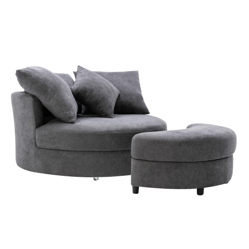 360° Swivel Accent Barrel Chair with Storage Ottoman & 4 Pillows, Modern Linen Leisure Chair Round Accent for Living Room