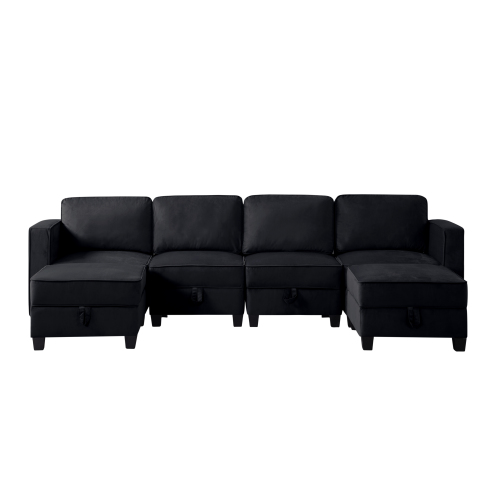116'' Square Arm Sectional Sofa Black Velvet