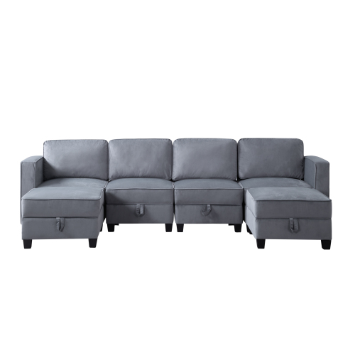 116'' Square Arm Sectional Sofa Dark gray Velvet