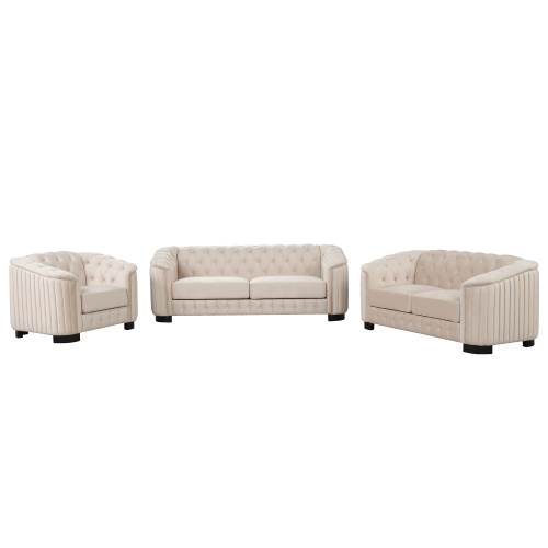 Modern 3-Piece Sofa Sets with Rubber Wood Legs,Velvet Upholstered Couches Sets Including Three Seat Sofa, Loveseat and Single Chair for Living Room Furniture Set,Beige