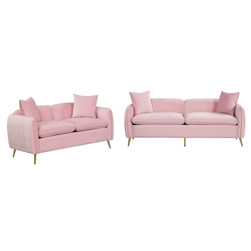 2 Piece Velvet Upholstered Sofa Sets,Loveseat and 3 Seat Couch Set Furniture with 2 Pillows and Golden Metal Legs for Different Spaces,Living Room,Apartment,Pink